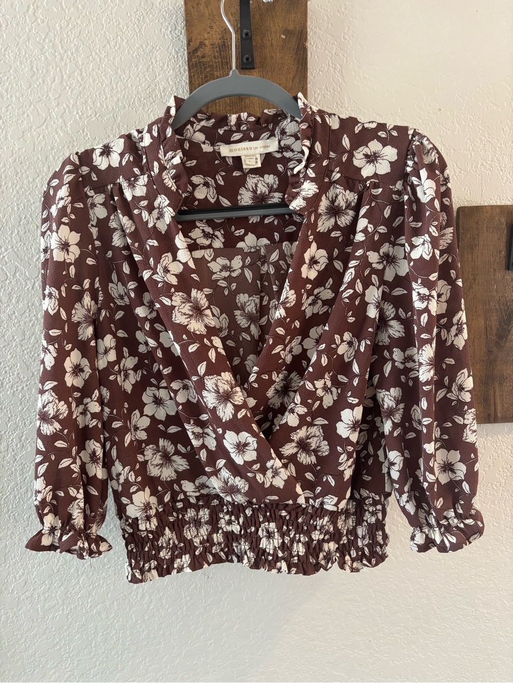 Monteau Brown Floral Wrap Blouse with White Print